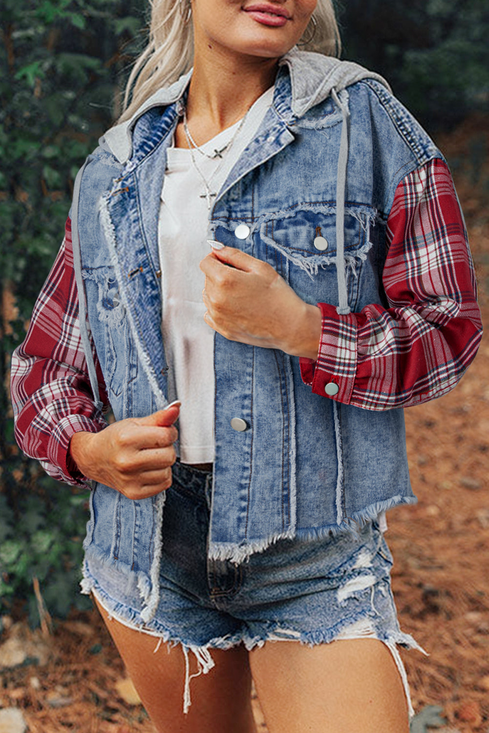 Plaid Hooded Print Patchwork Raw Hem Denim Jacket in Beau Blue