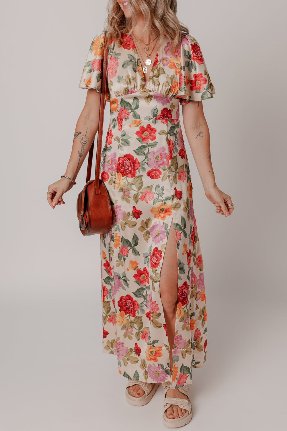 Vintage Floral V Neck Tie Back Long Slit Dress