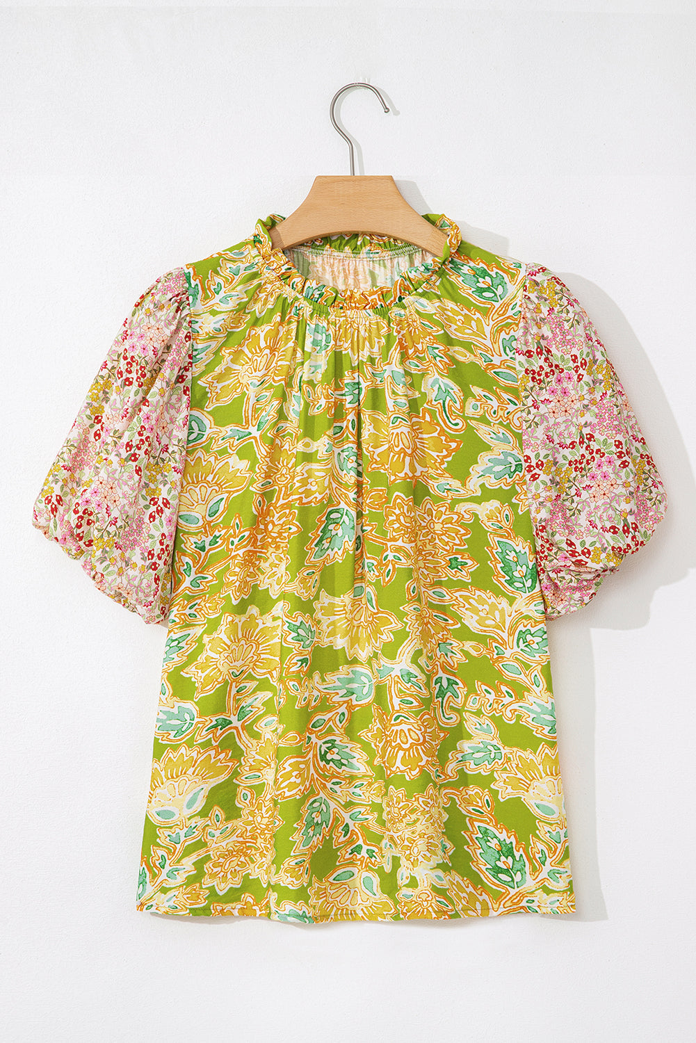 Printed Contrast Bubble Sleeve Patchwork Blouse