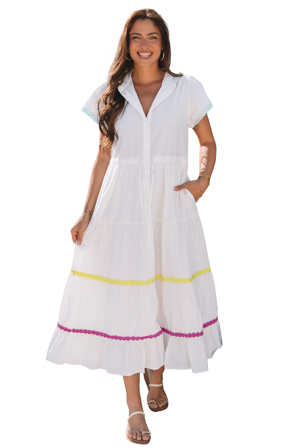 White Colorblock Rickrack Trim Long Dress