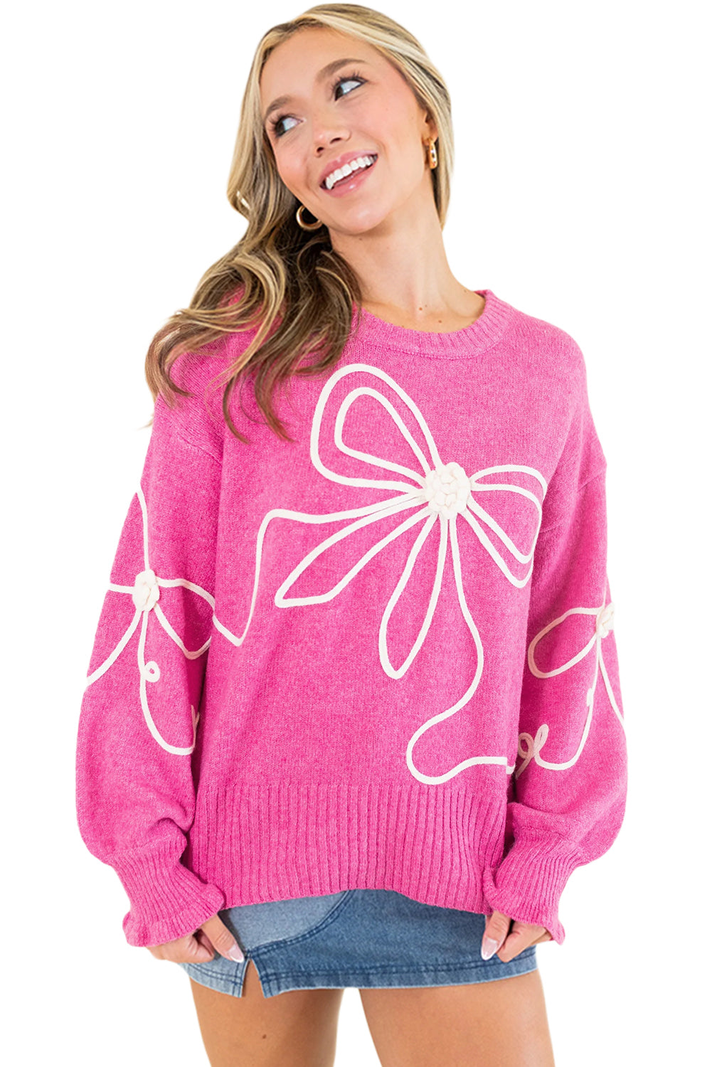 Cute Pink Corded Flower Bow Ribbed Trim Sweater