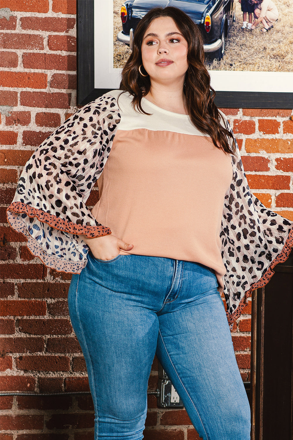 Top for Women Plus Ruffle-Trimmed Leopard-Print Waffled