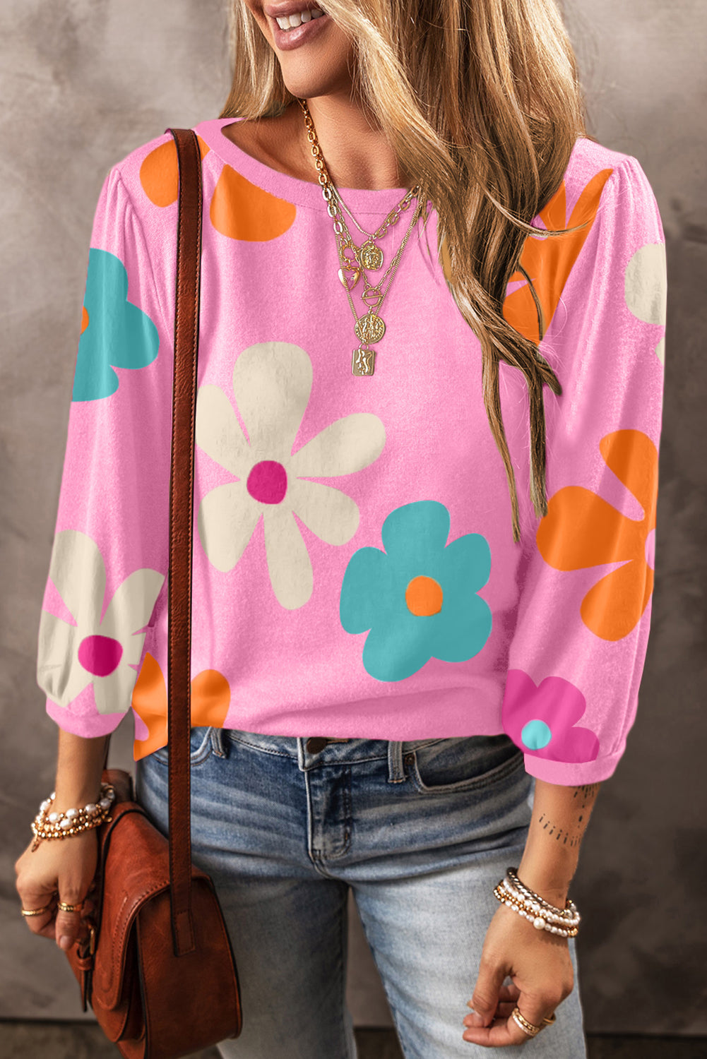 Women's Bracelet-Length Sleeve Cute Flower Top
