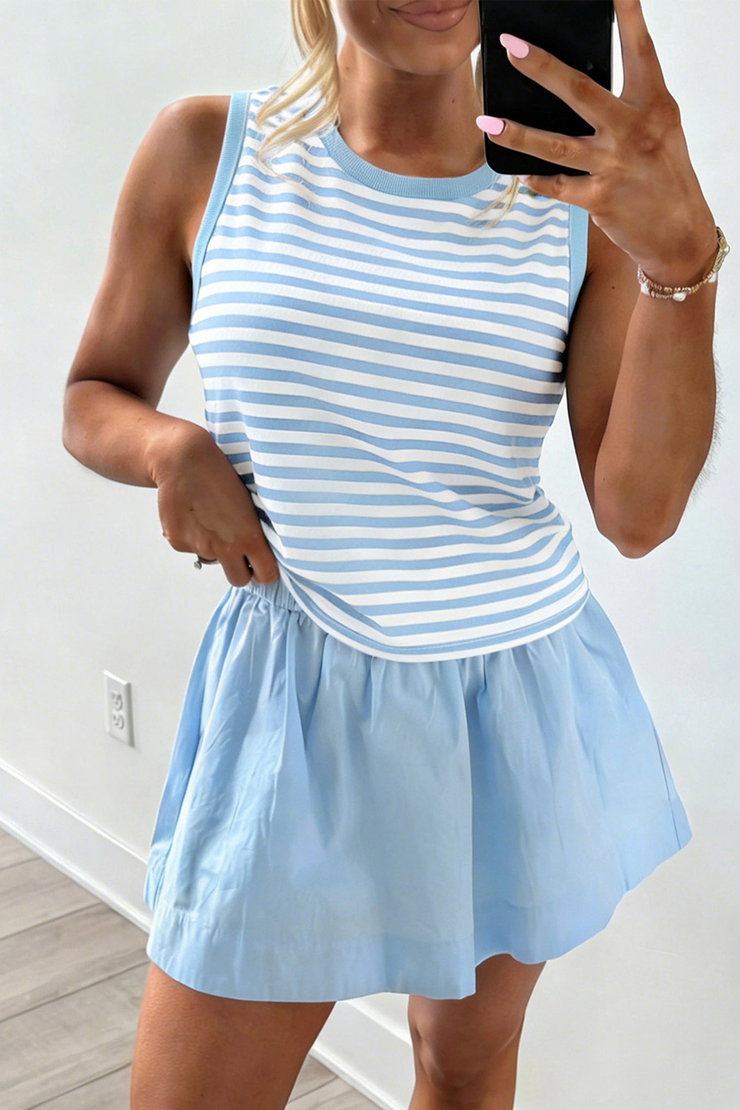 Cute Sky Blue Stripe Slim Tank Contrast Ruffle Mini Skort Set
