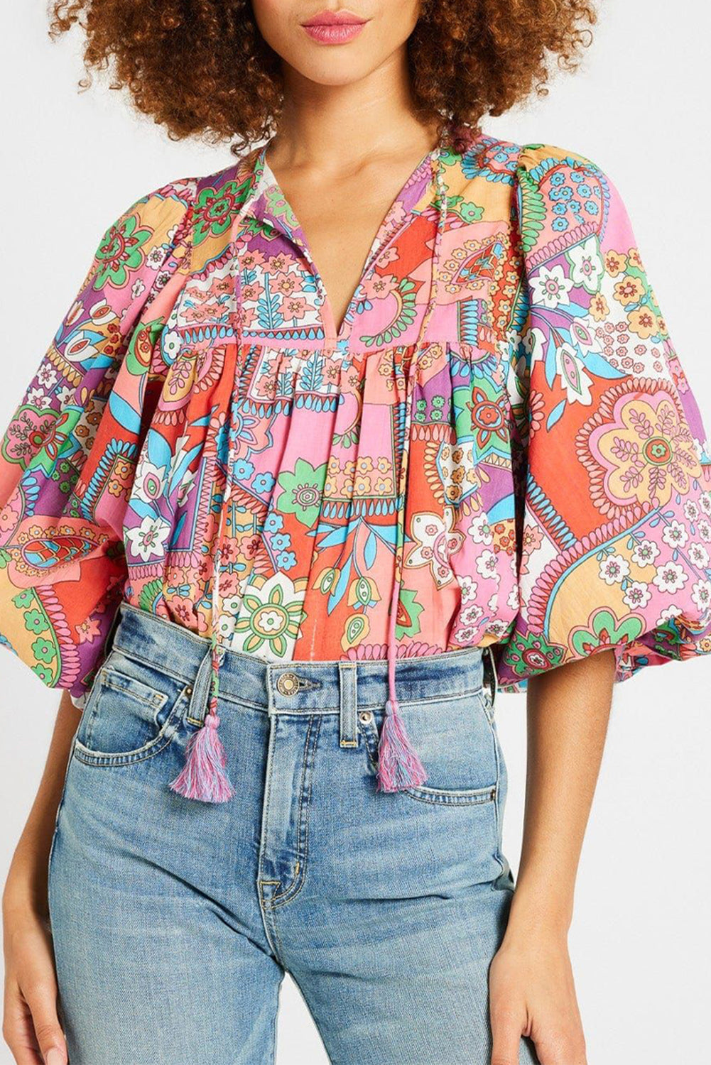 Floral Bubble Boho Bubble Sleeve Tassel Tied Neck Pleated Blouse