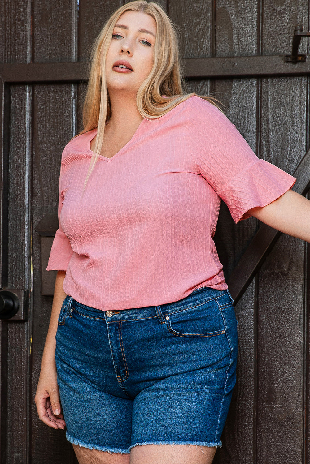 Women's Blouse Featuring Ruffle-Trimmed Half Sleeve Plus