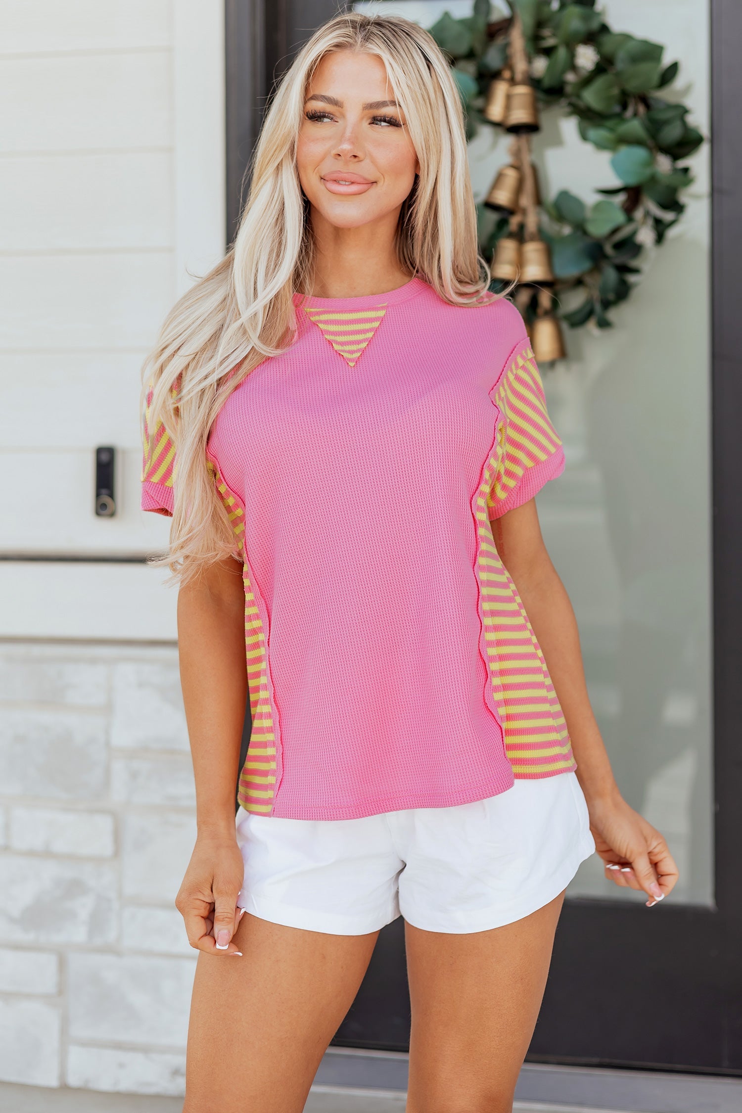 Waffle Striped Textured Contrast Loose T Shirt in Pink