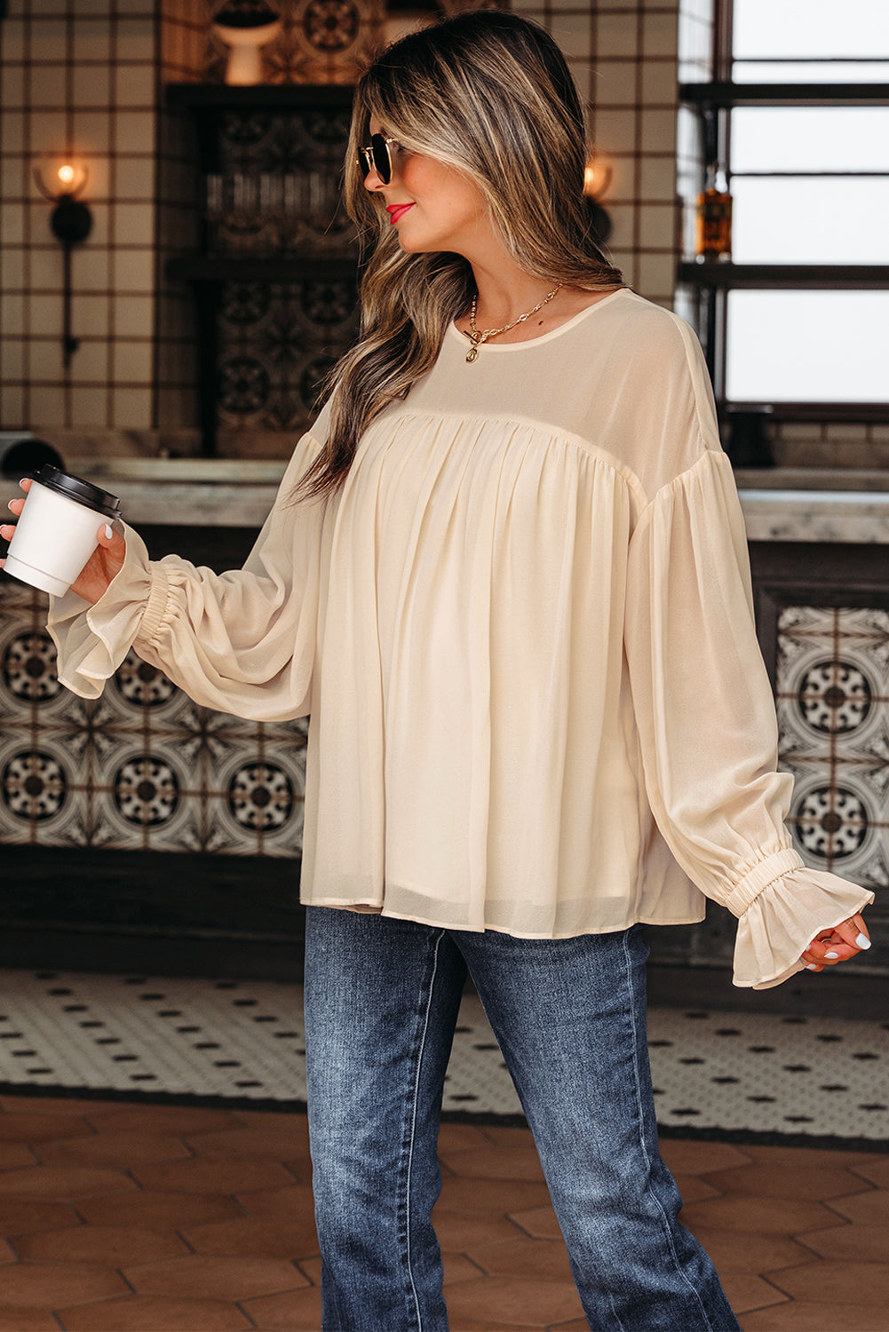 Pleated Ruffle Long-Sleeved Chiffon Blouse