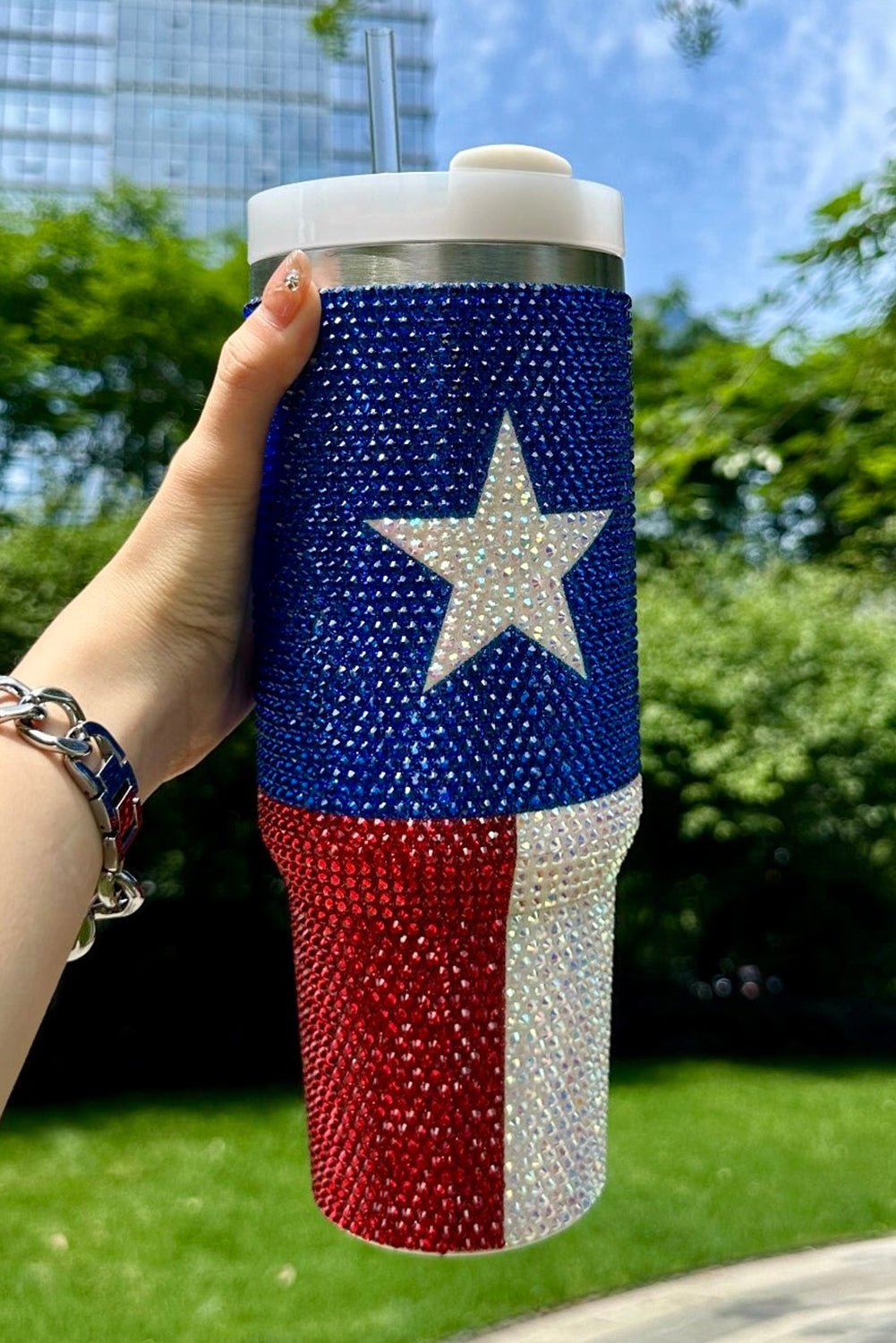 Star American Flag Full Rhinestone Handle Tumbler 40oz
