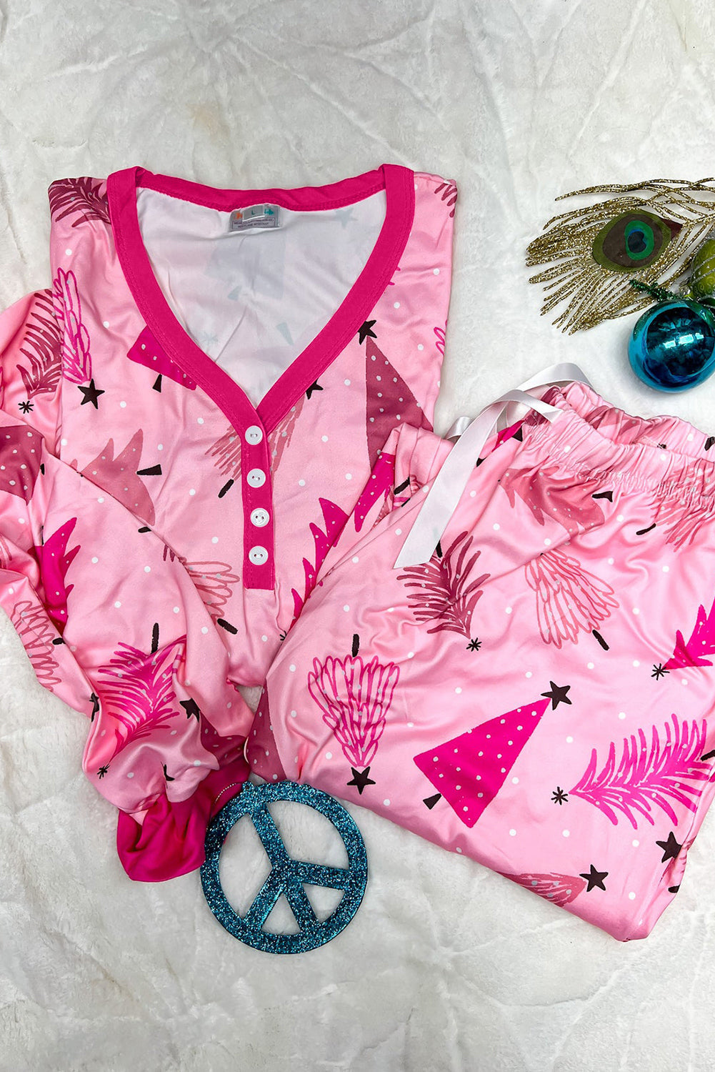 Tree Print Christmas Print V-Neck Button-Front Pullover and Drawcord Pants Lounge Set