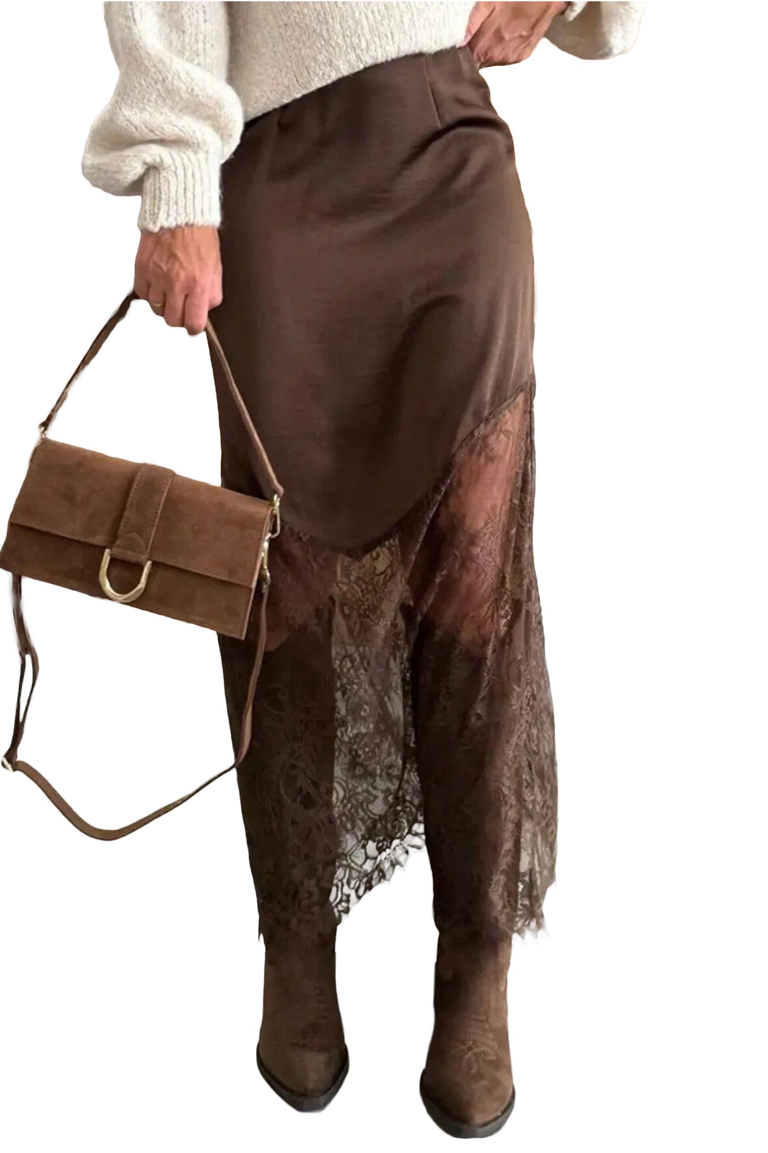 Everyday Lace Dark Brown Patchwork Hem Shift Long Skirt