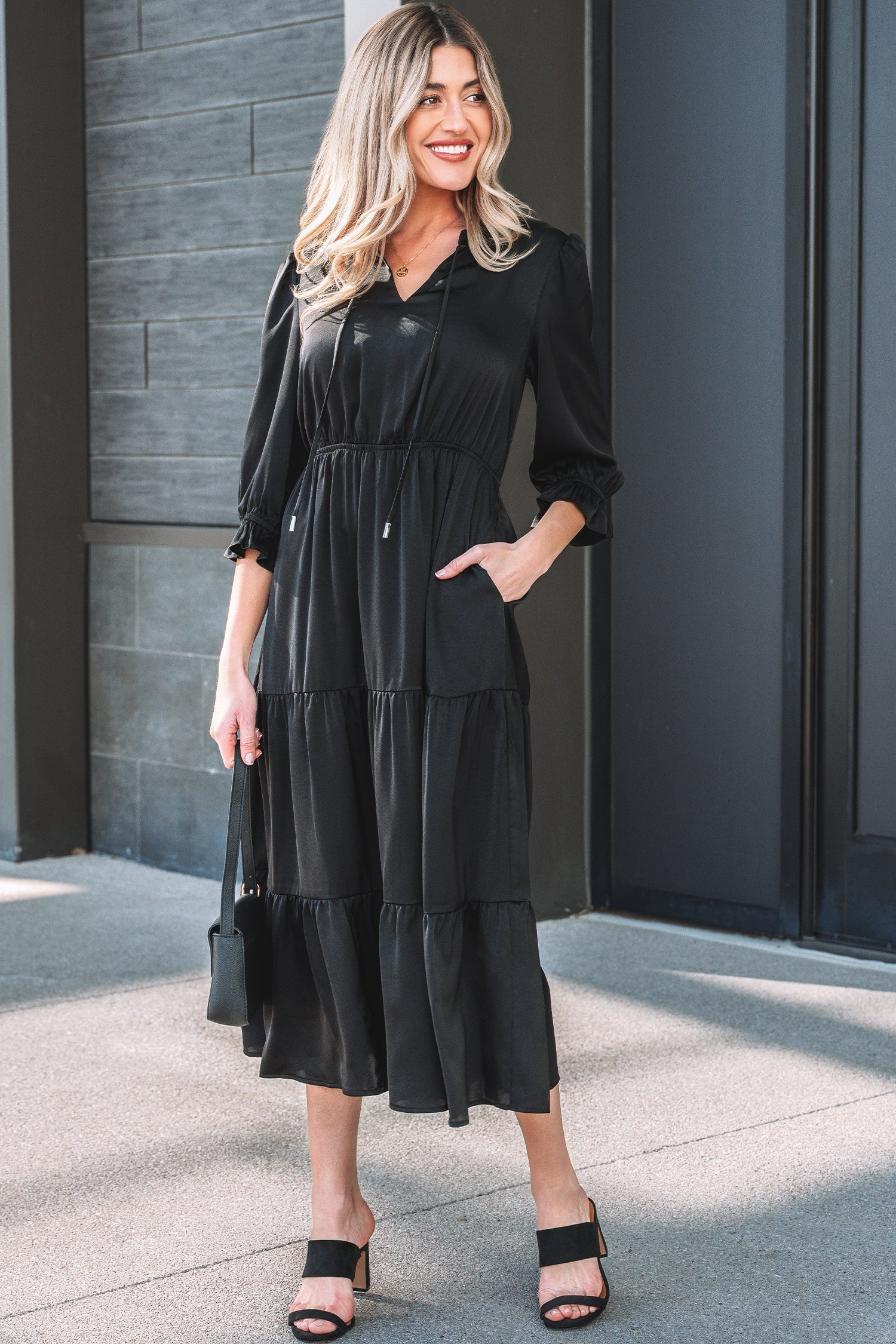 Sleeve Flounced Bracelet V-Neck Tiered Maxi Dress