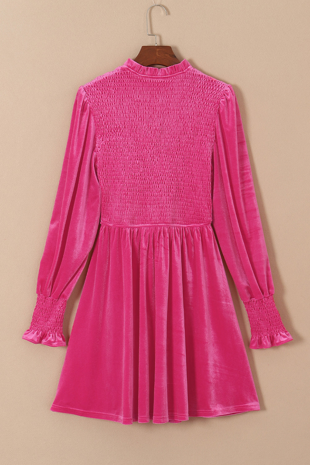 Women's Frill-Trimmed Neck Shirred Velvet Dress