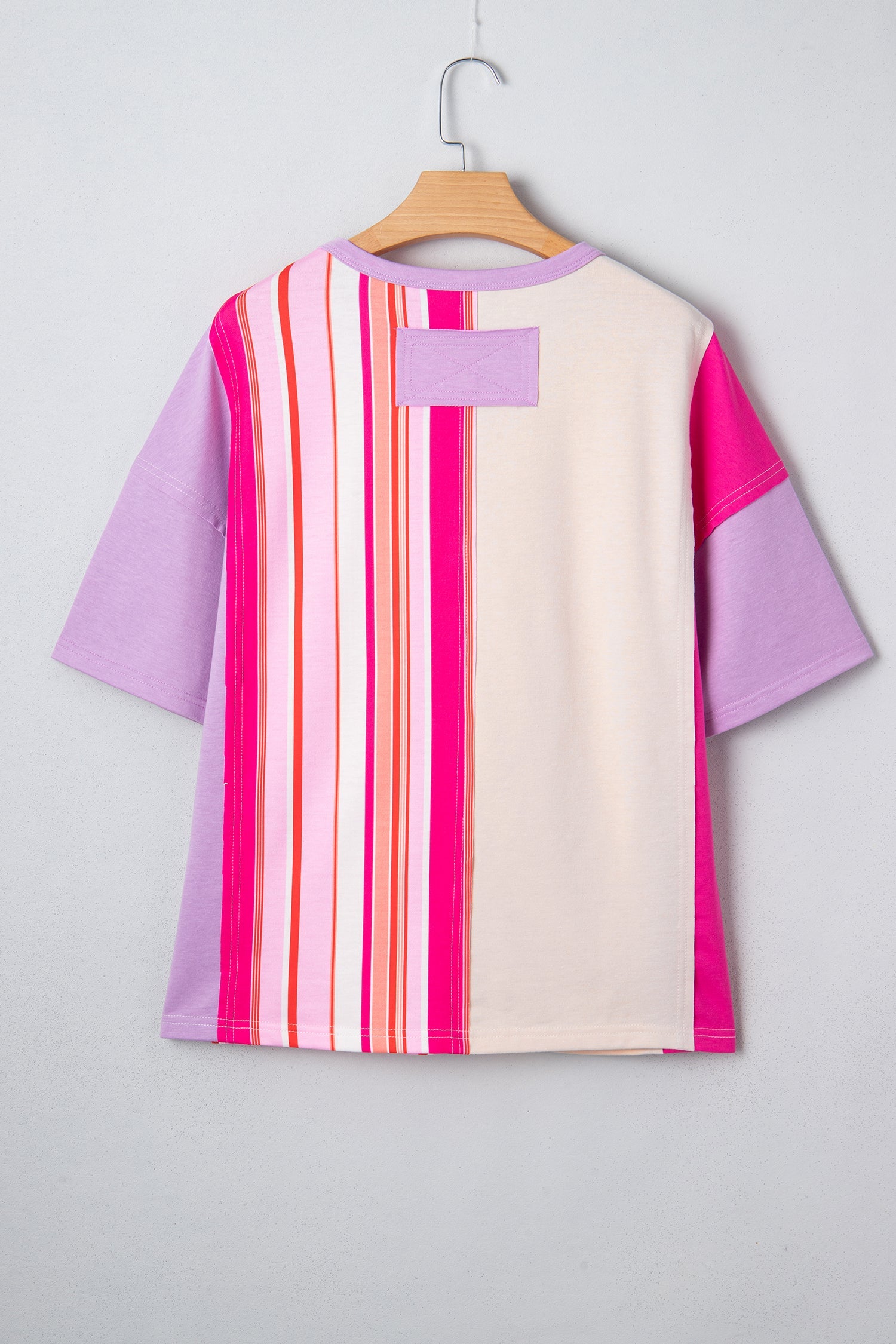 Striped Colorblock Flower Patched Half Sleeve Loose Top