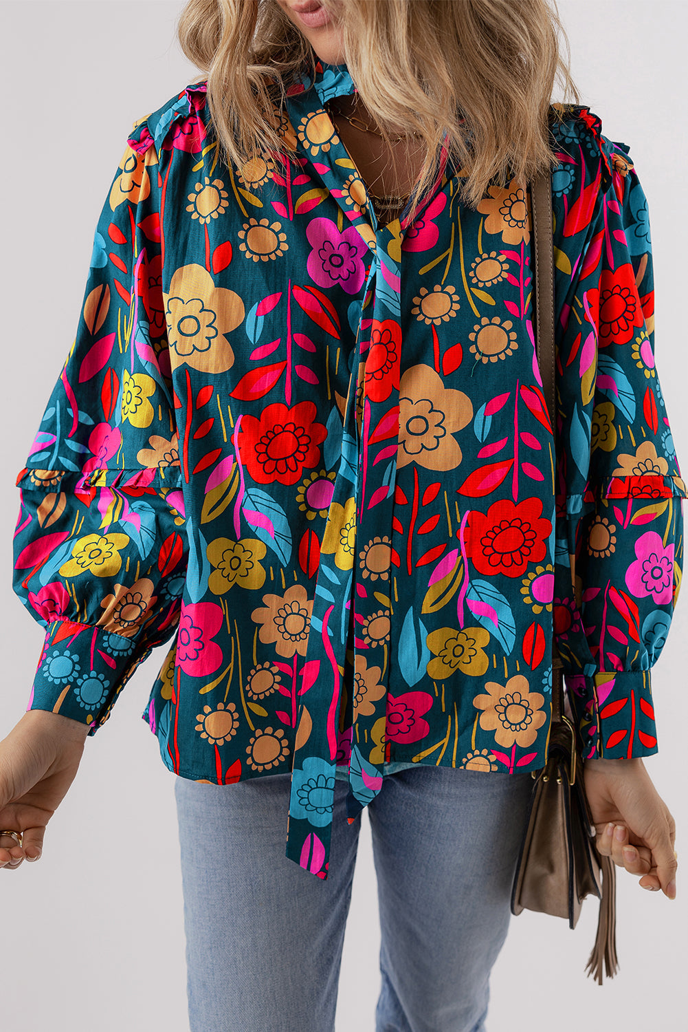 Women's Blouse Featuring Knot-Detail Split Neck Balloon Sleeve Floral-Print
