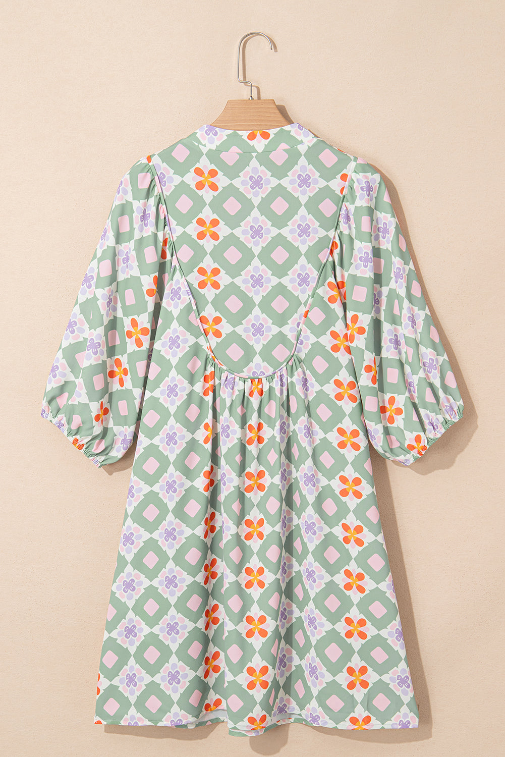 Geometric Floral Print 3/4 Sleeve Notched Neck Mini Dress