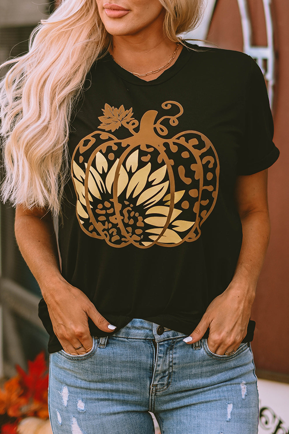 Women's Tee with Halloween Sunflower Pumpkin Graphic-Print