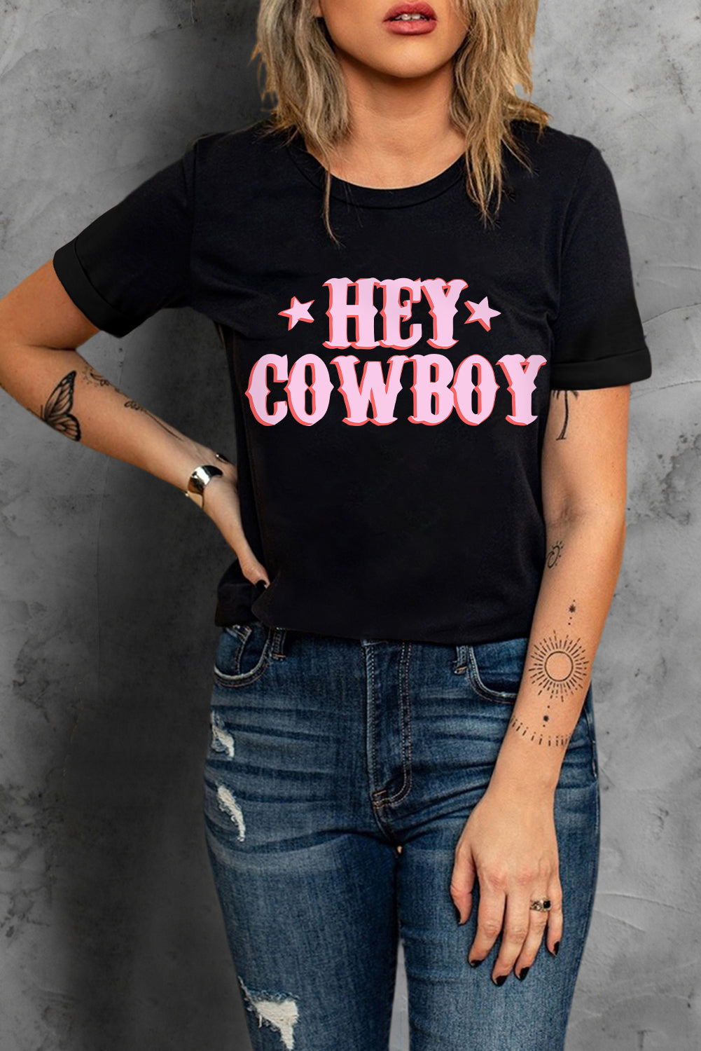 Women's T-shirt Featuring HEY COWBOY Graphic-Print Crew Neck