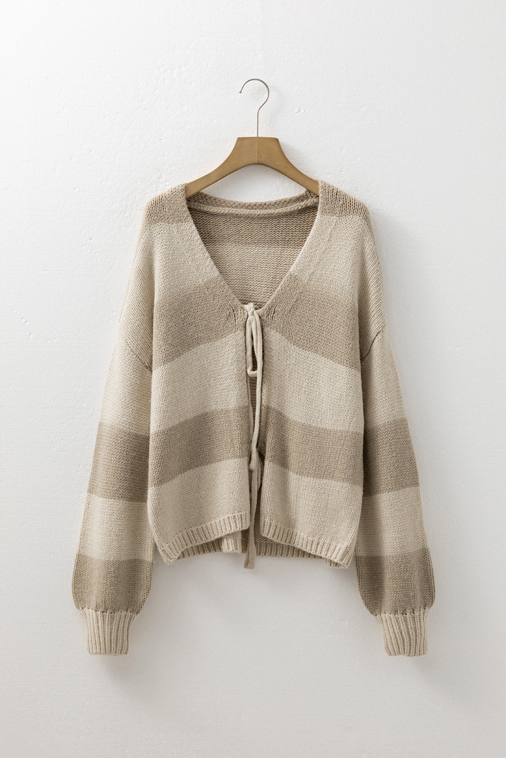 Brushed Striped Colorblock Knit Bow Tie Front Cardigan Knit Top in Khaki