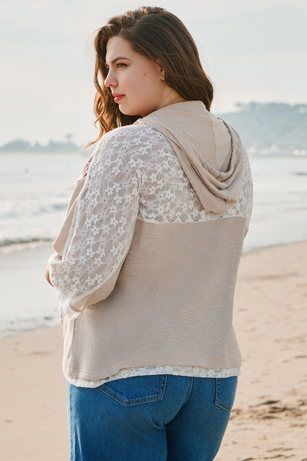 Floral Peace Sign Graphic Lace Patch Ribbed Plus Size Hooded Top