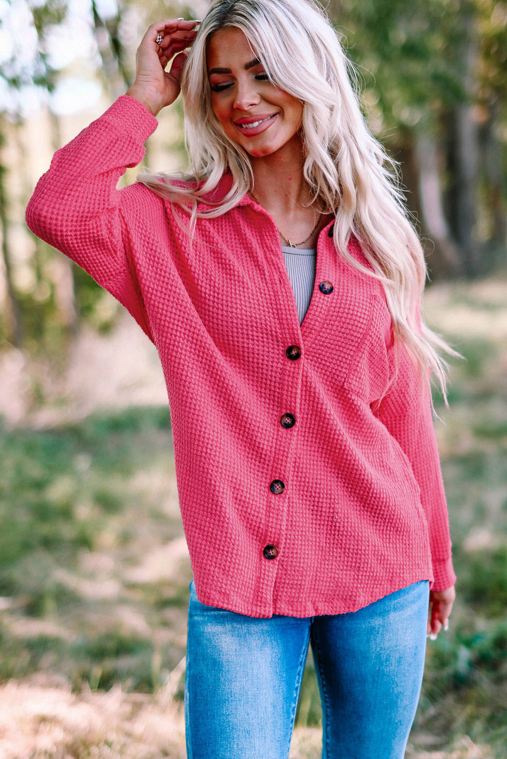 Women's Shirt Featuring Waffle Knitted Button Up Everyday