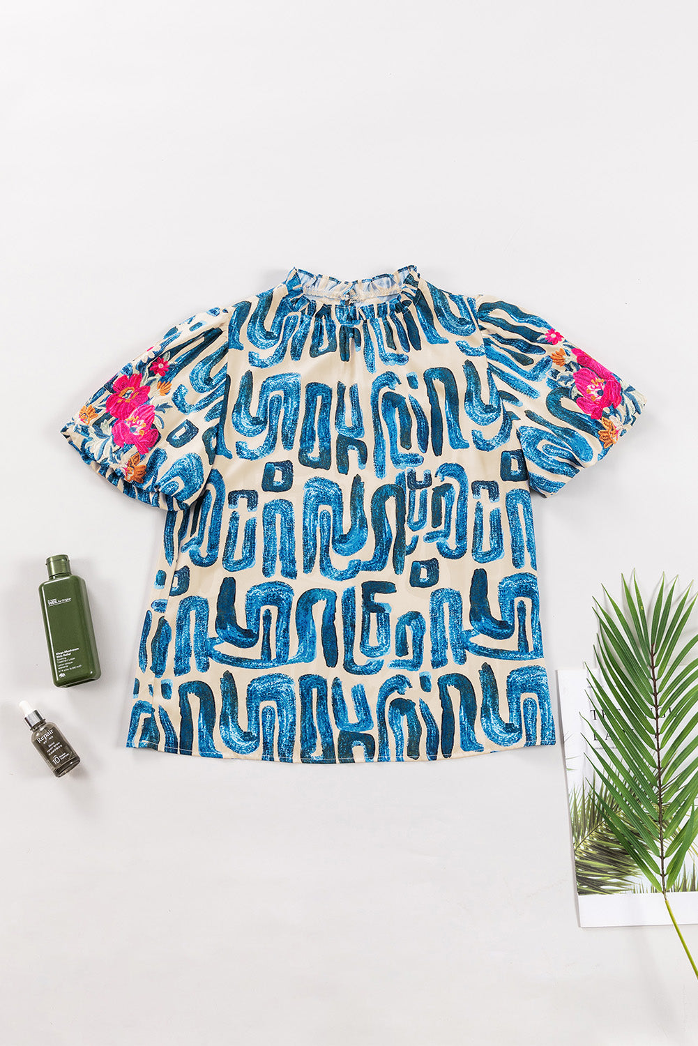 Women's Top with Frill-Trimmed Neck Printed