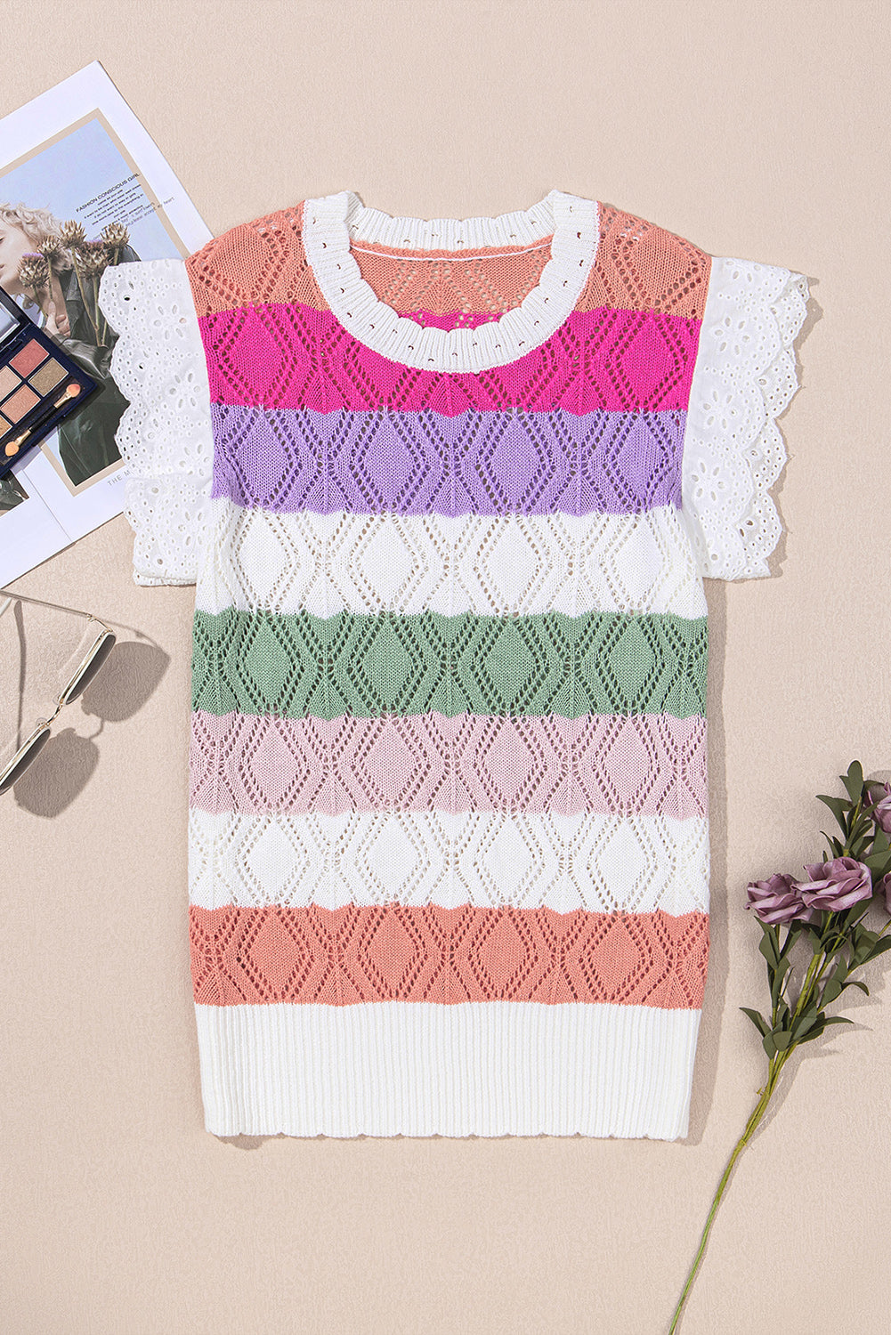 Colorblock Hollowed Knit Scallop Edge Sweater Vest