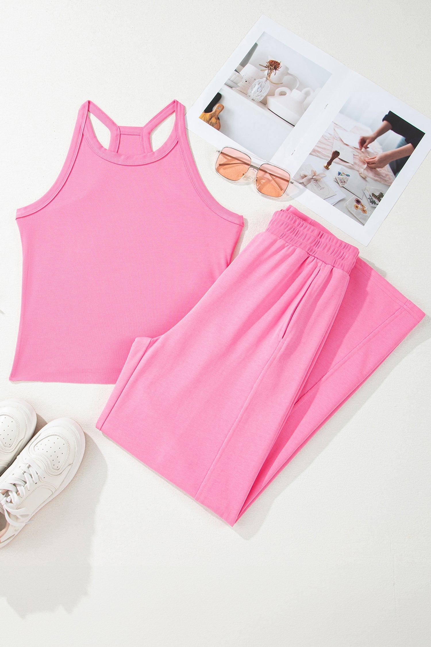 Pink Slim Sachet Slim Rib-Knit Tank Top and Sweatpants Set