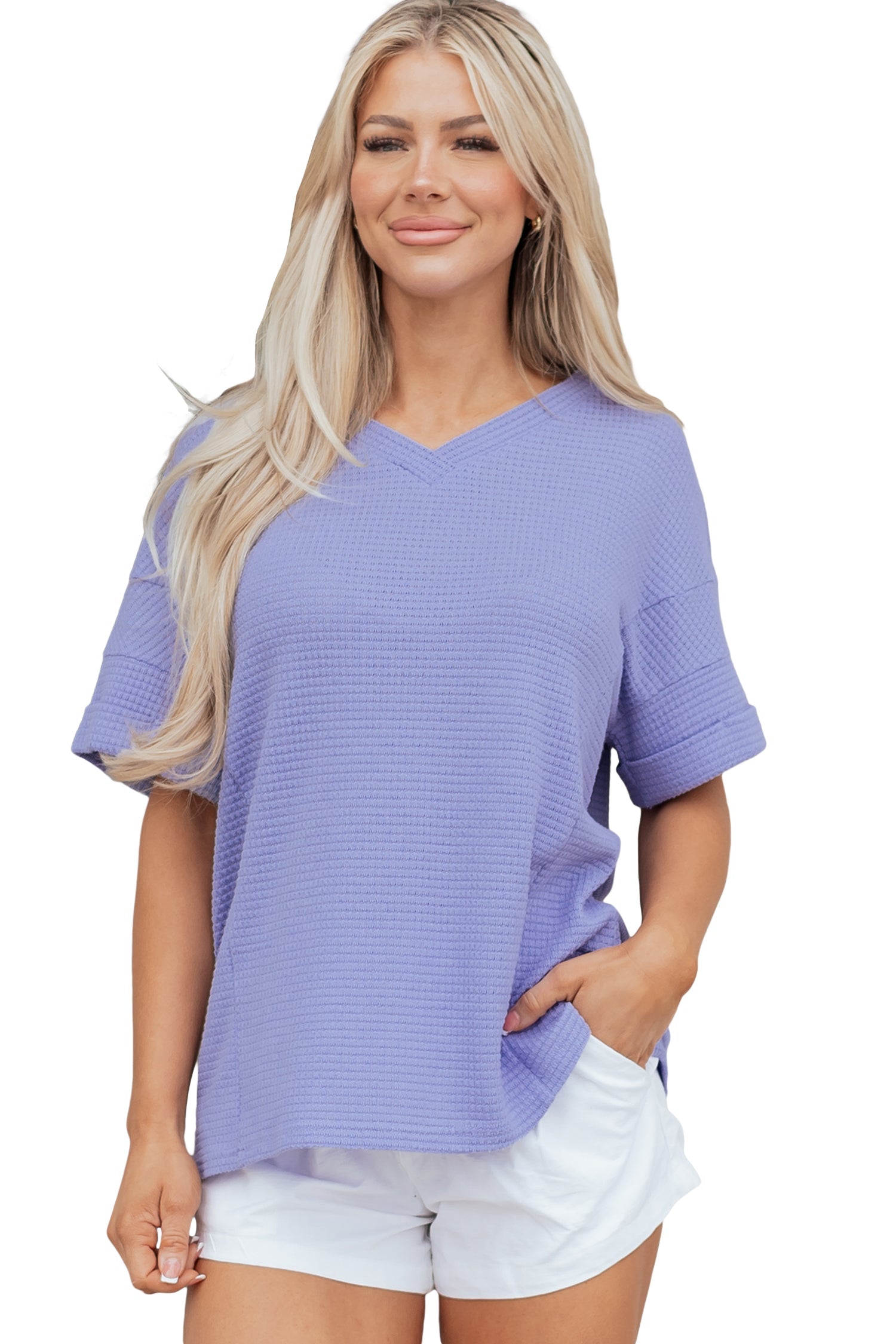 Waffle V-Neck Short-Sleeved Knit Top