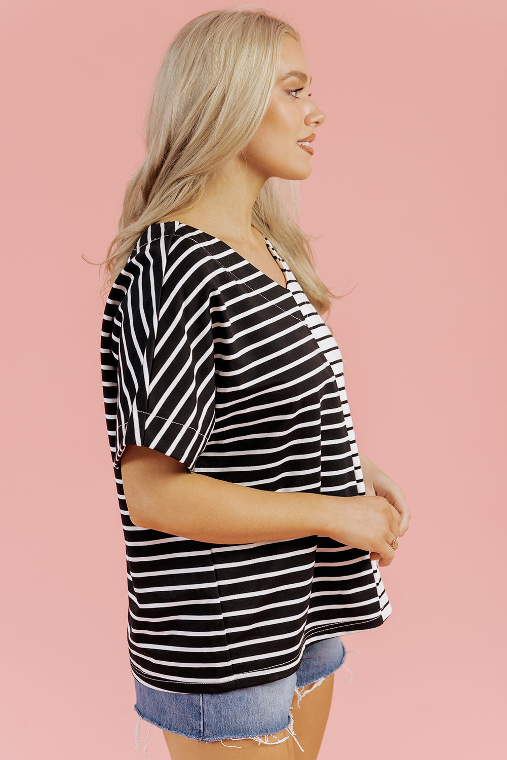 Two Tone Colorblock V Neck T Shirt