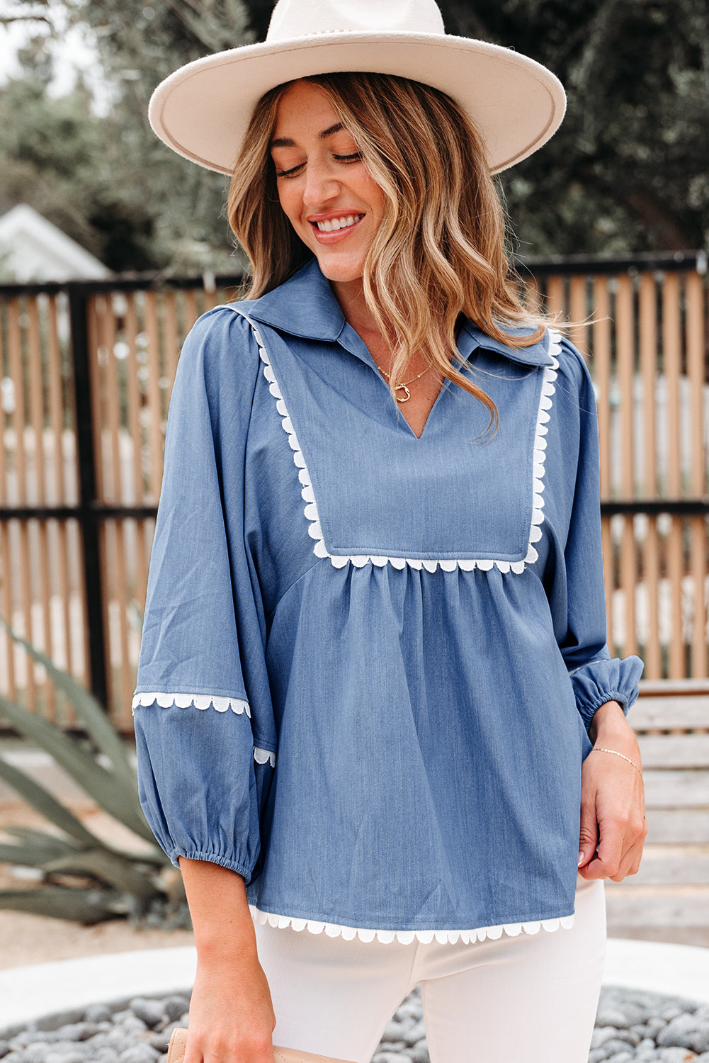 Ric Rac Lace Rac 3/4 Puff Sleeve Collared Babydoll Blouse