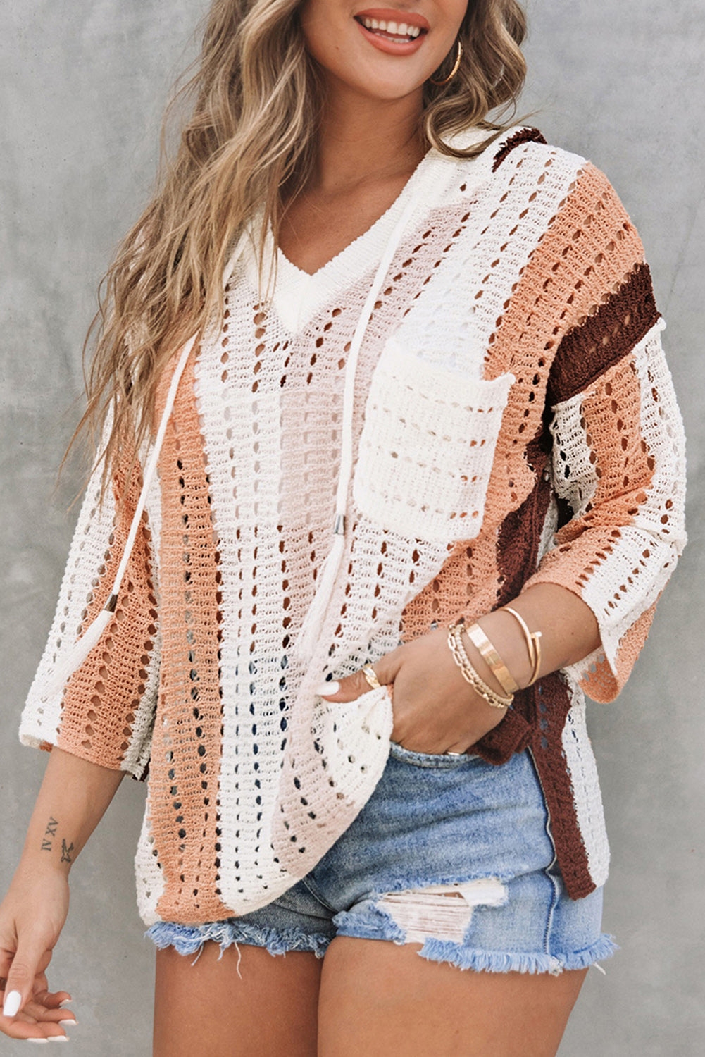 Women's Striped Cut Out Hooded Sweater