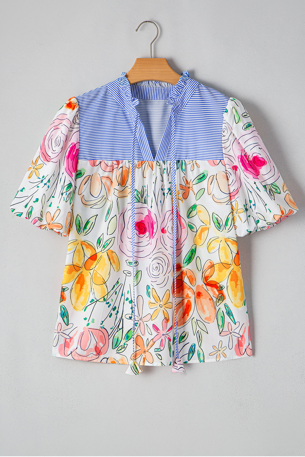 Floral Print Striped Yoke Frilled V Neck Blouse