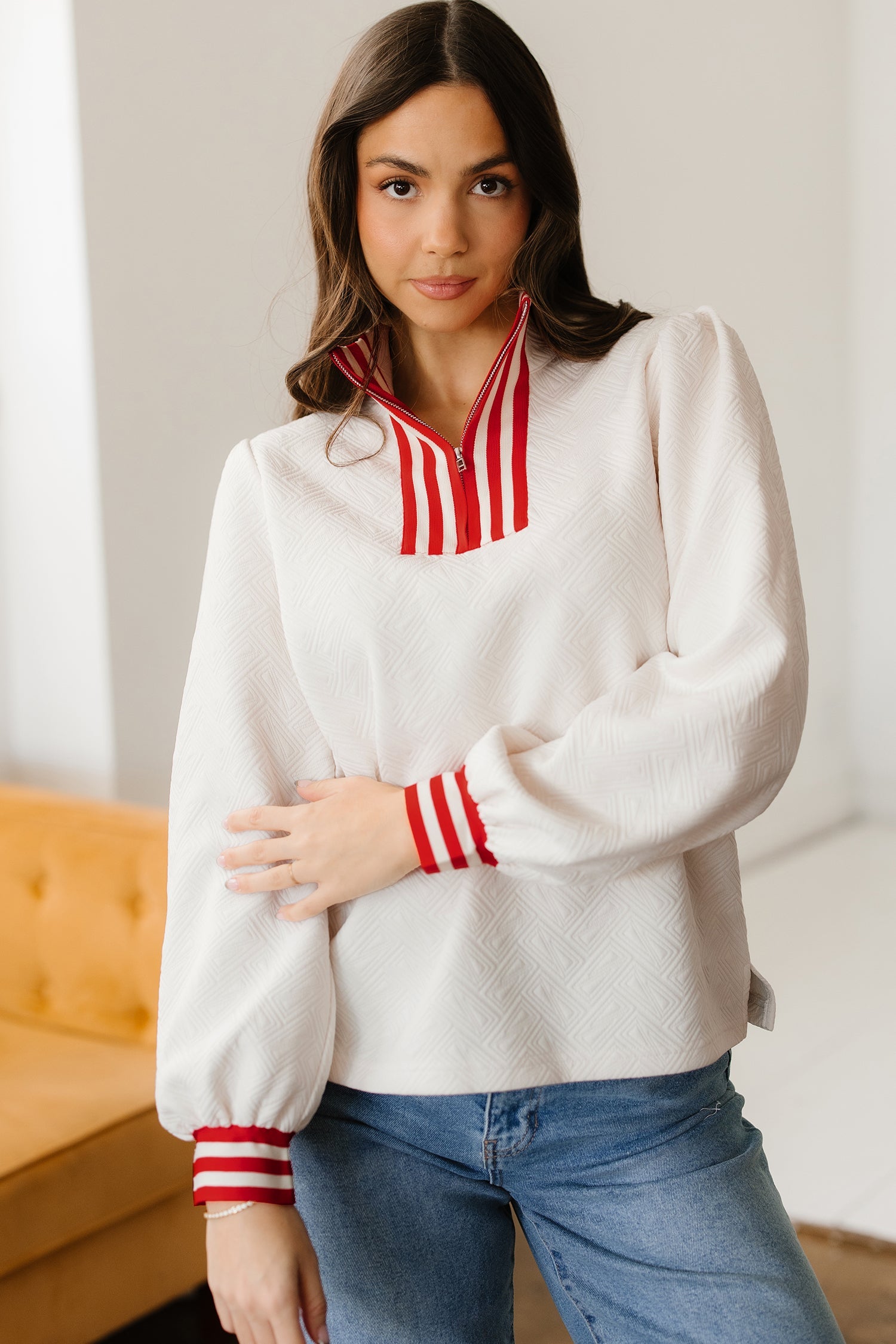 Contrast Textured Knit Striped Accent Zip Collar Pullover Top
