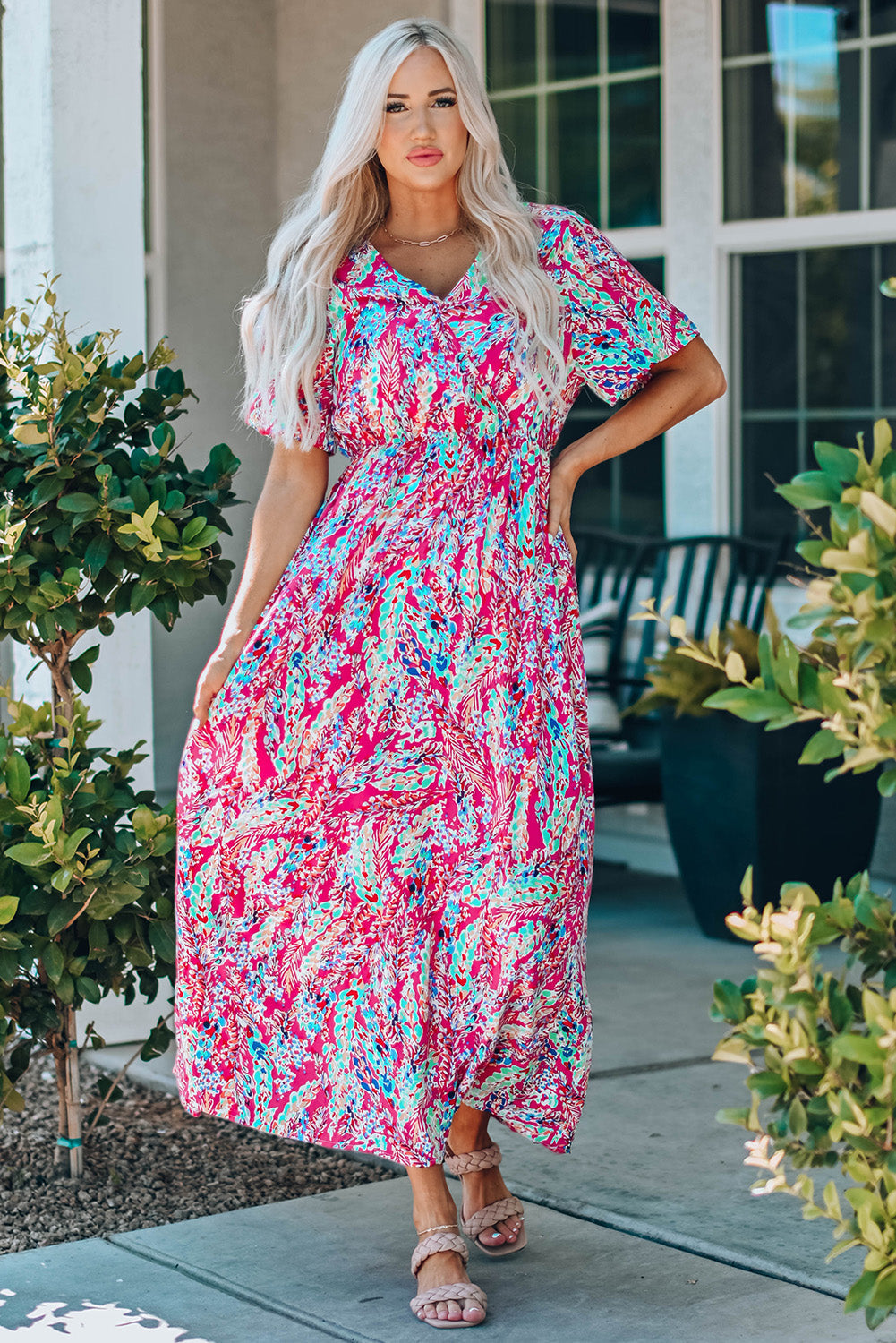 Women's Floral-Print Wrap V Neck Maxi Dress