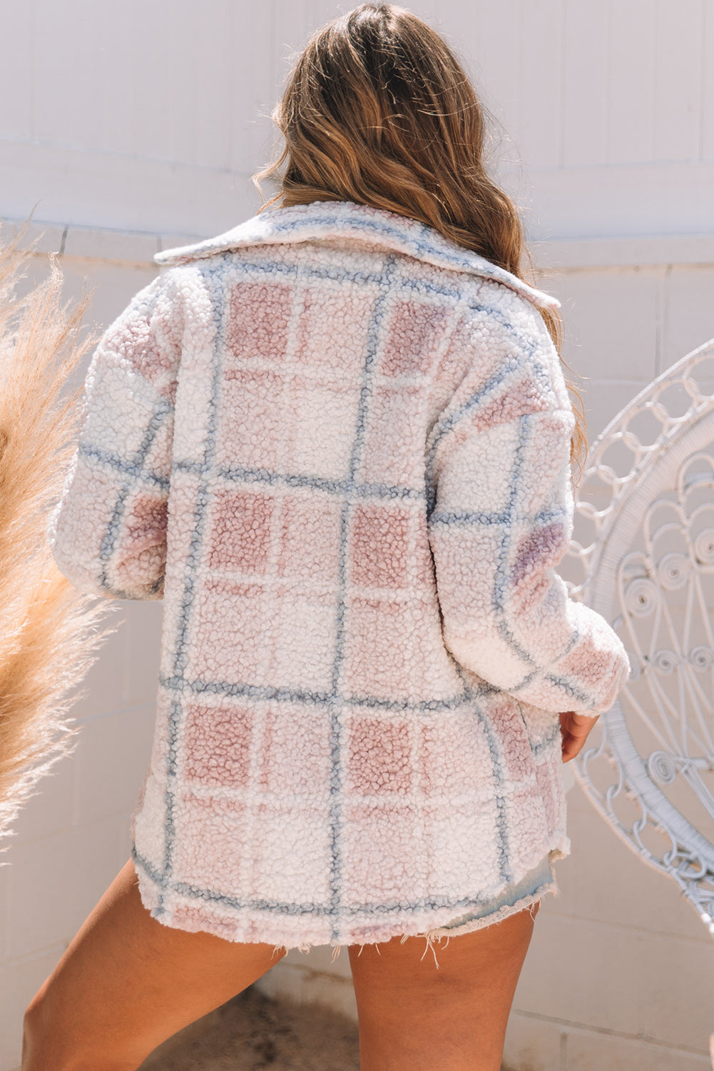 Women's Shacket with Collar Sherpa Checker Print