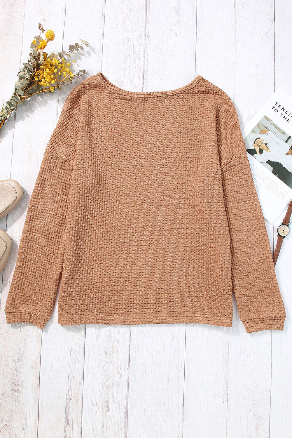 Top for Women Long-Sleeve Waffle Dropped-Shoulder
