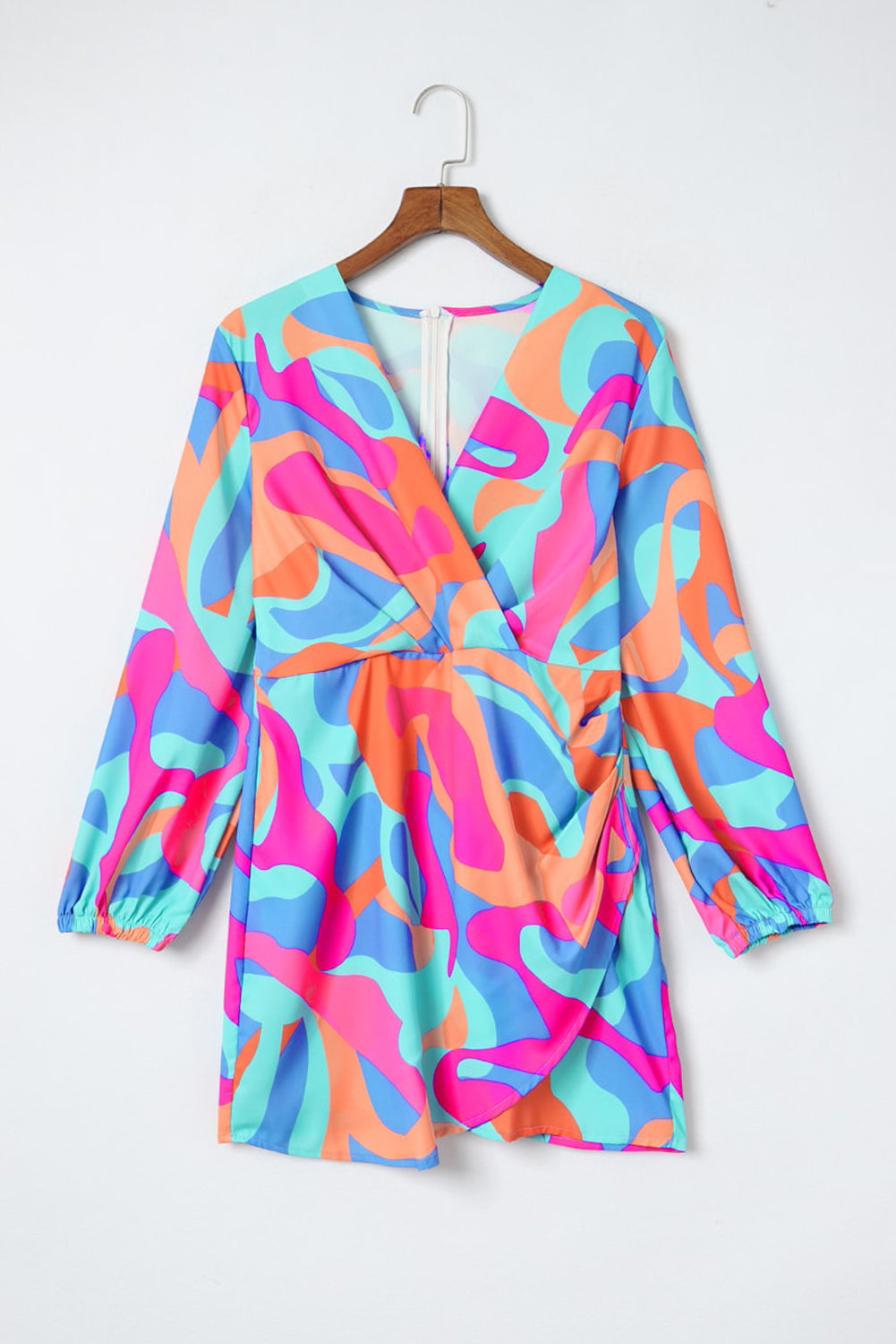 Women's Dress Featuring Balloon Sleeve Abstract Wrap