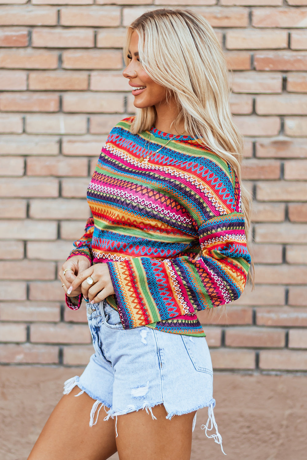 Jacquard Geo Long-Sleeved T Shirt in Multicolor