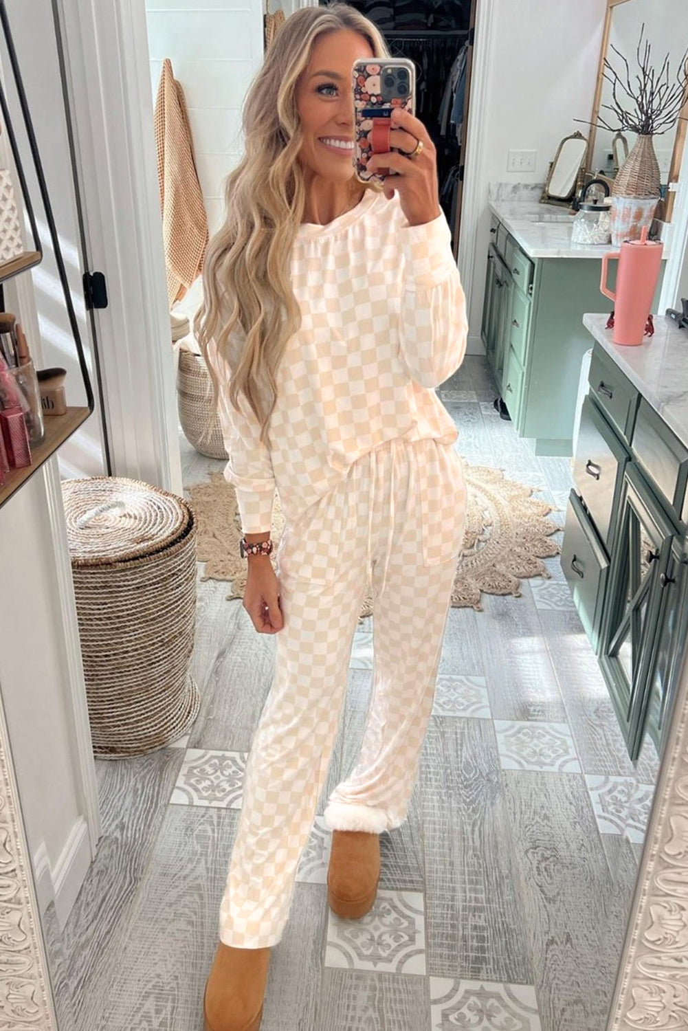 Checkered Print Long-Sleeved Top and Pants Lounge Set