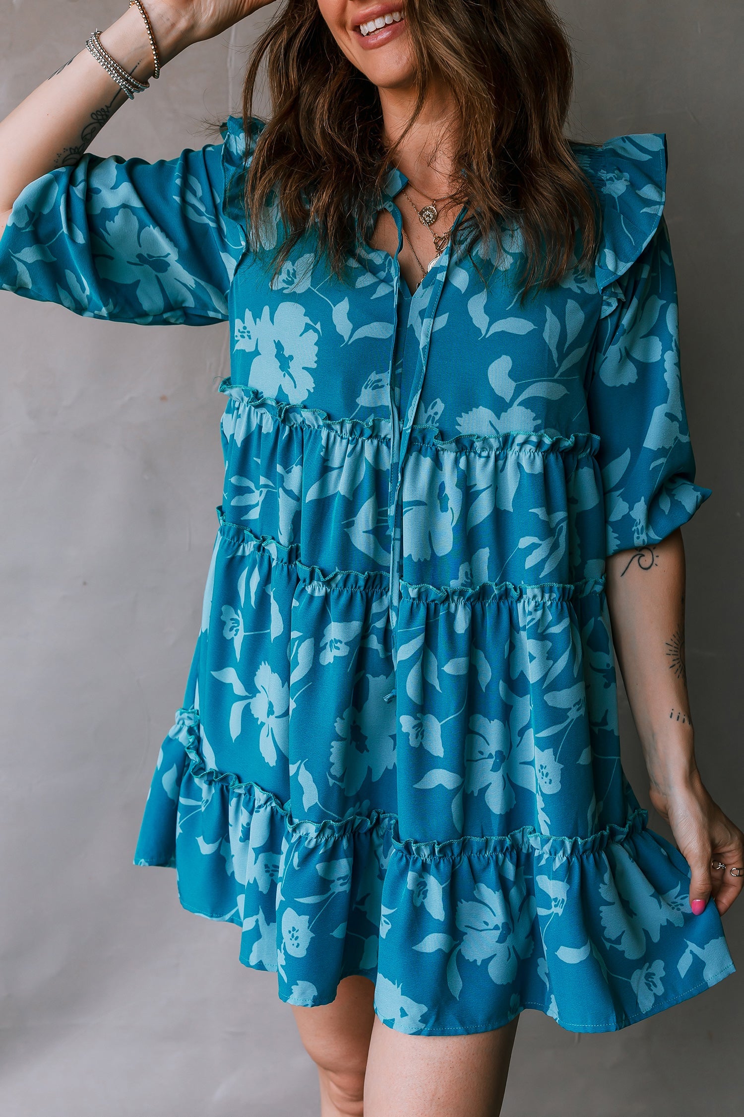 Flower Half Sleeve Tiered Ruffled Mini Dress in Blue