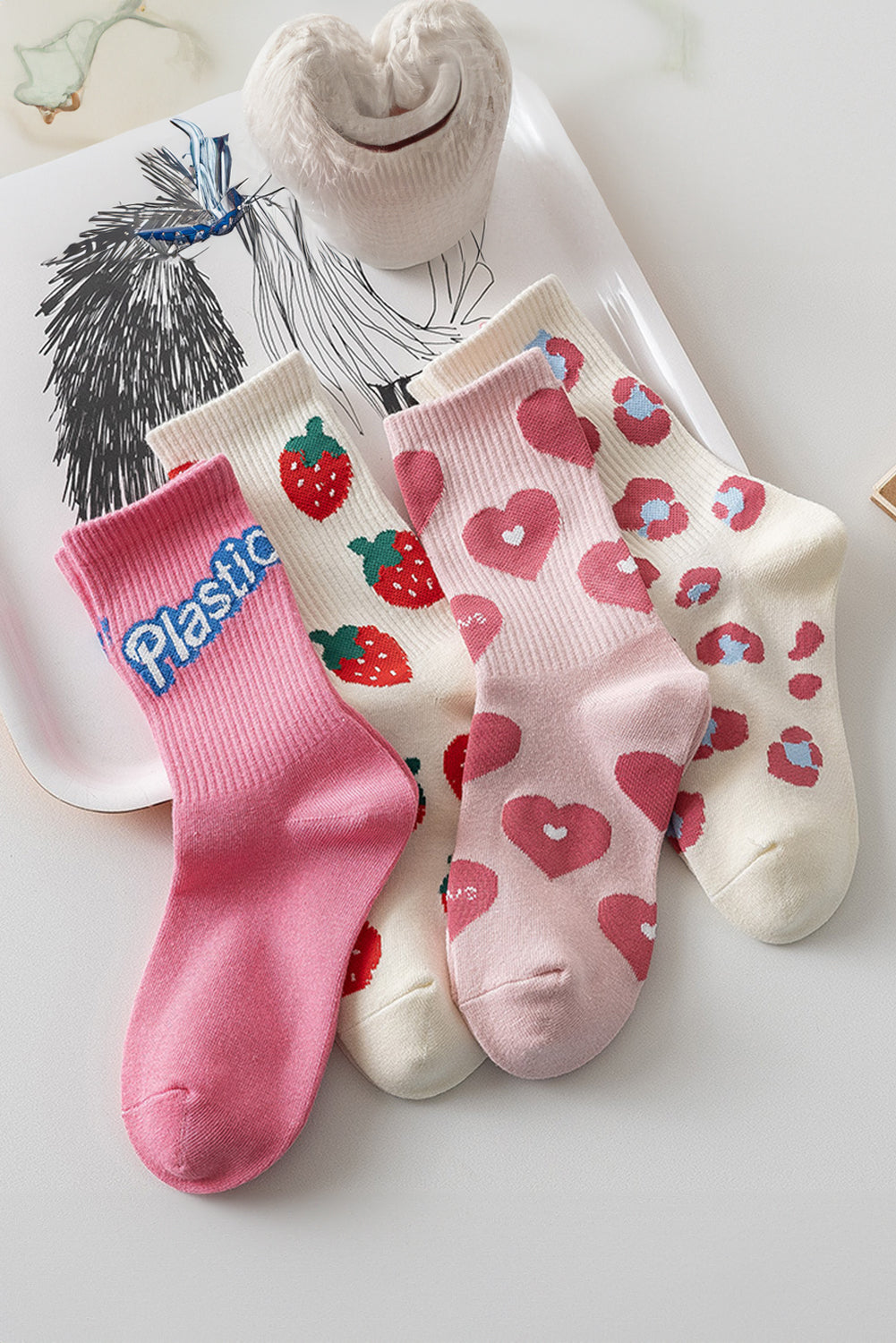 Heart Trim Print Rib-Knit Soft Crew Socks