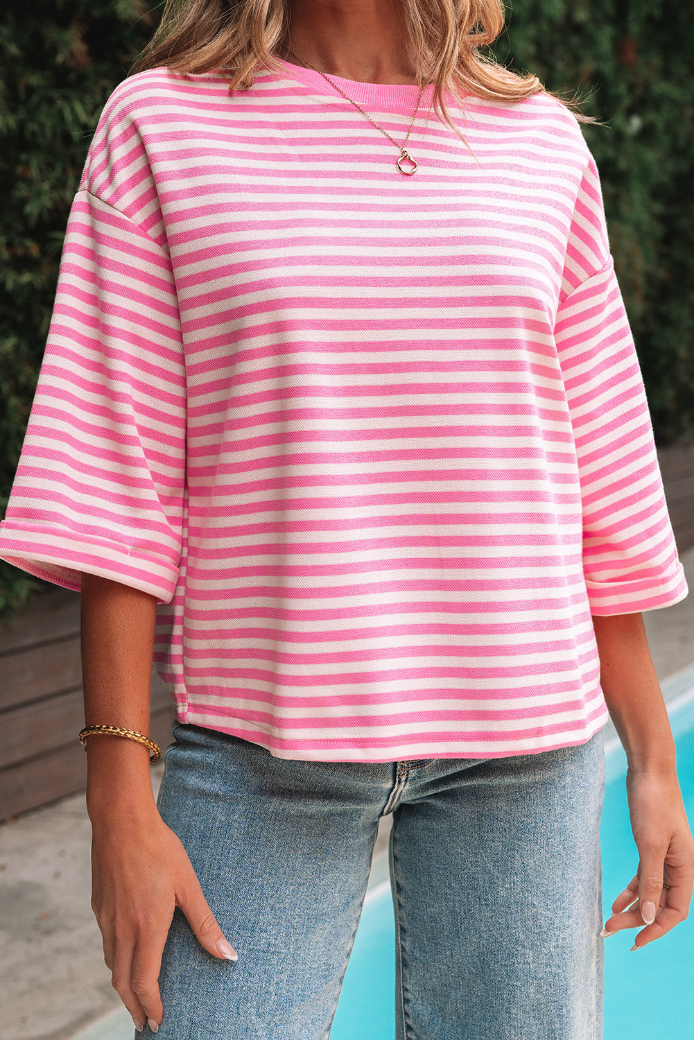 Bowknot Drop-Shoulder Cutout Back Wide Bracelet Sleeve Loose Tee