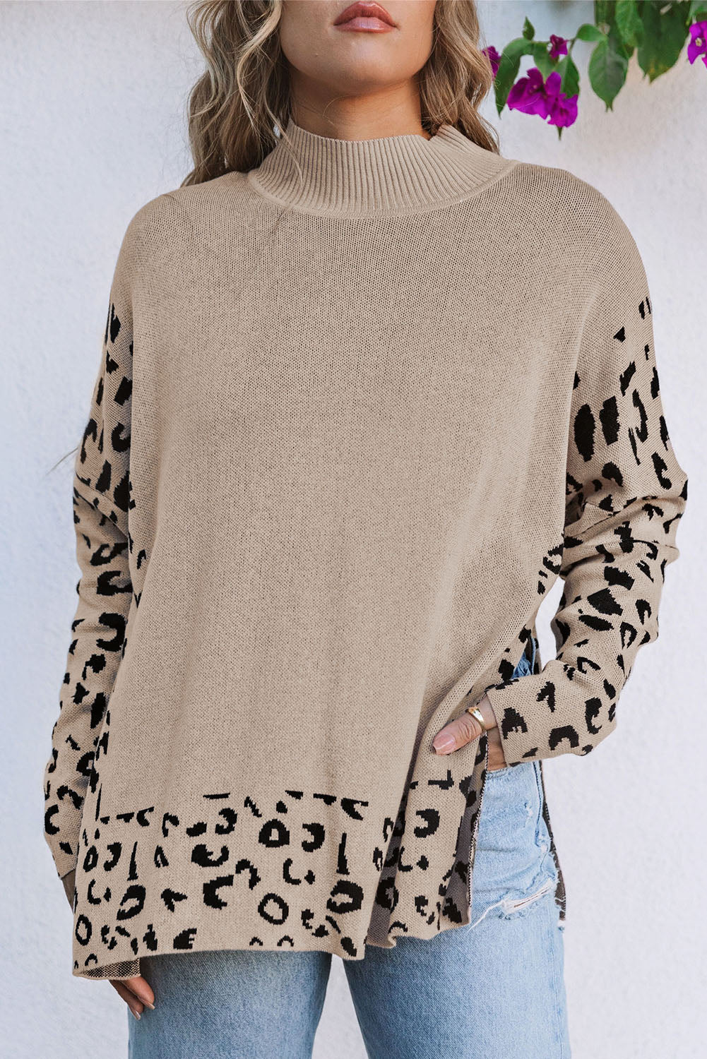 Women's Leopard-Print Side Slit Oversized Sweater