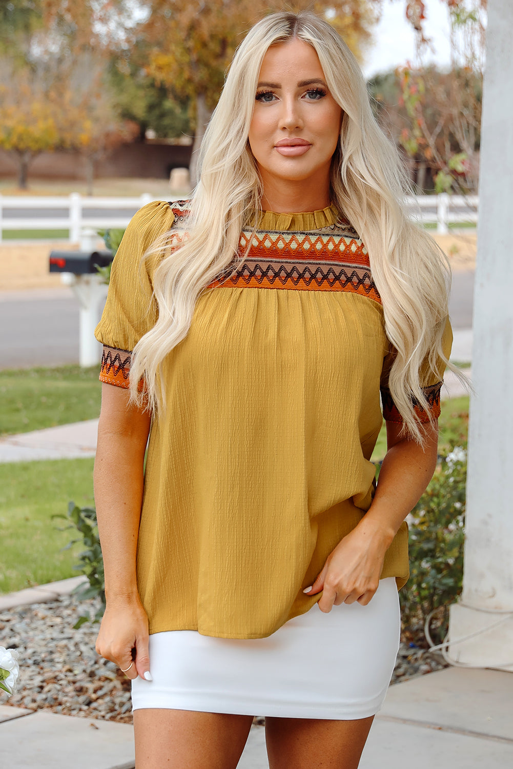 Mustard Geometric Short Sleeve Frilled Collar Blouse
