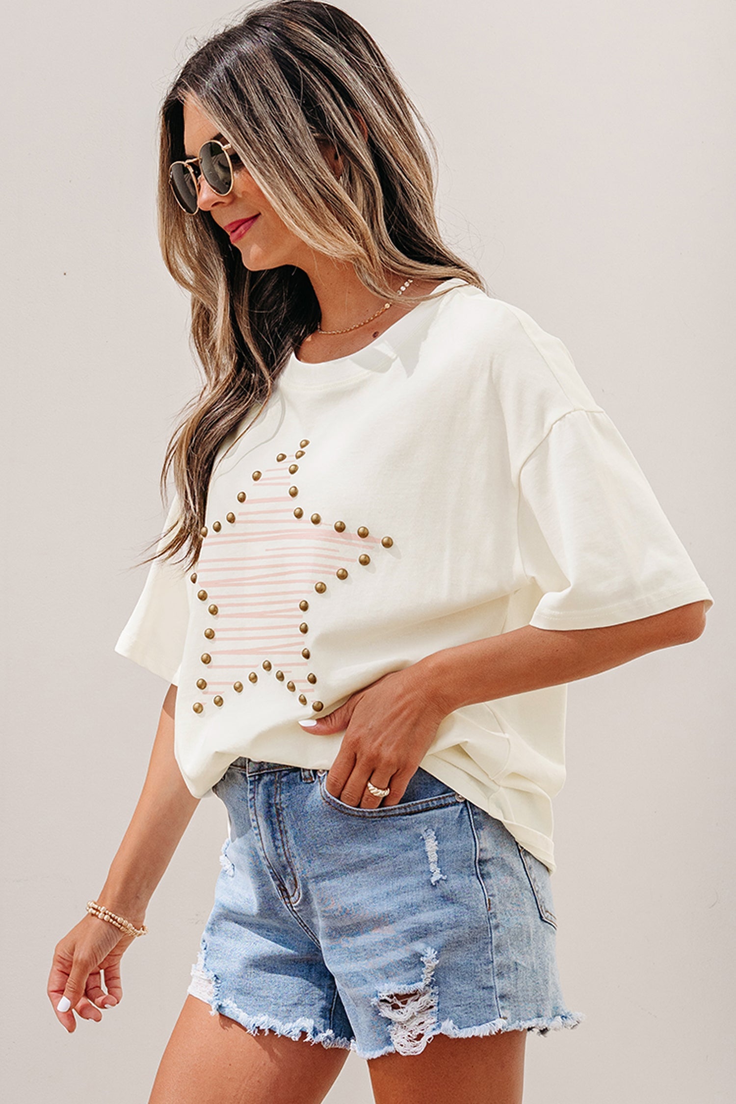 Cute Print Beige Star Stud Detail Cotton Jersey Top