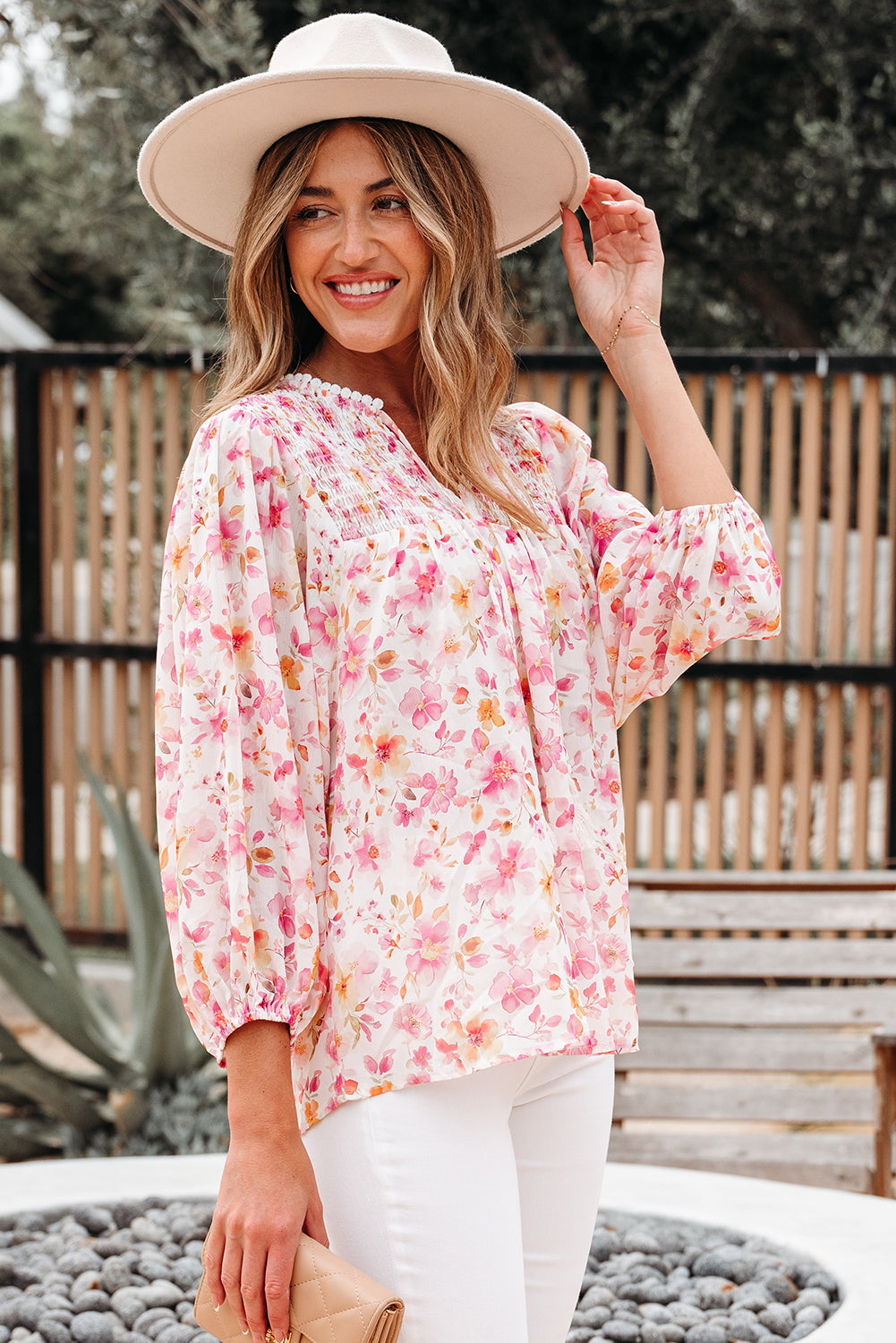 Floral-Print Smocked Tassel Tie V-Neck Puff Sleeve Tunic Blouse
