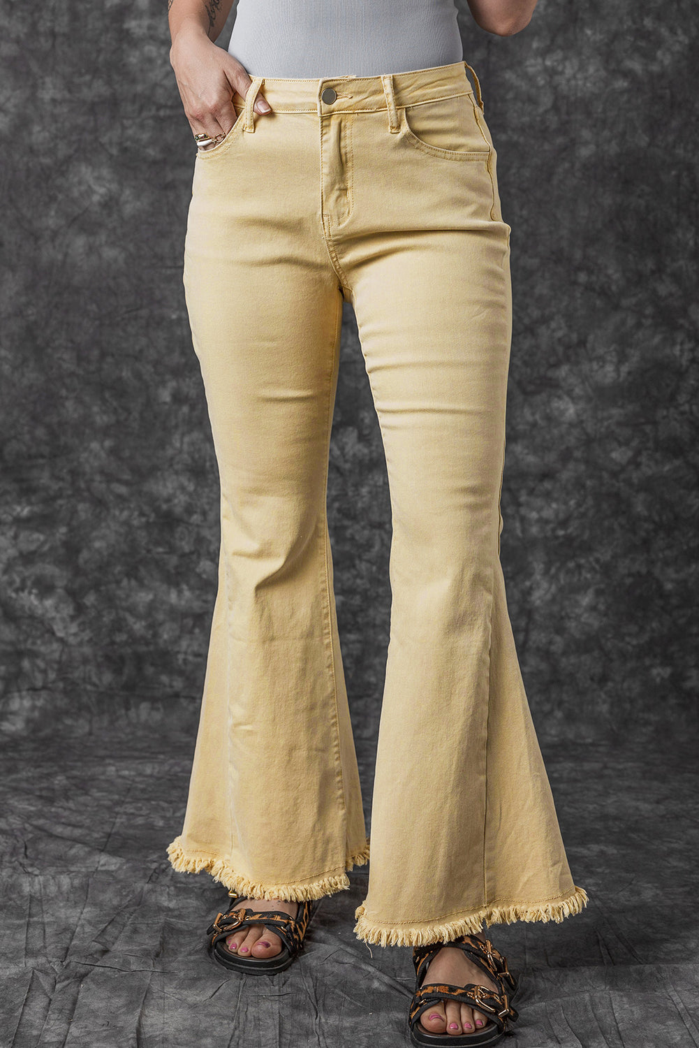 Women's Jeans Featuring Raw Edge Mid Waist Flared