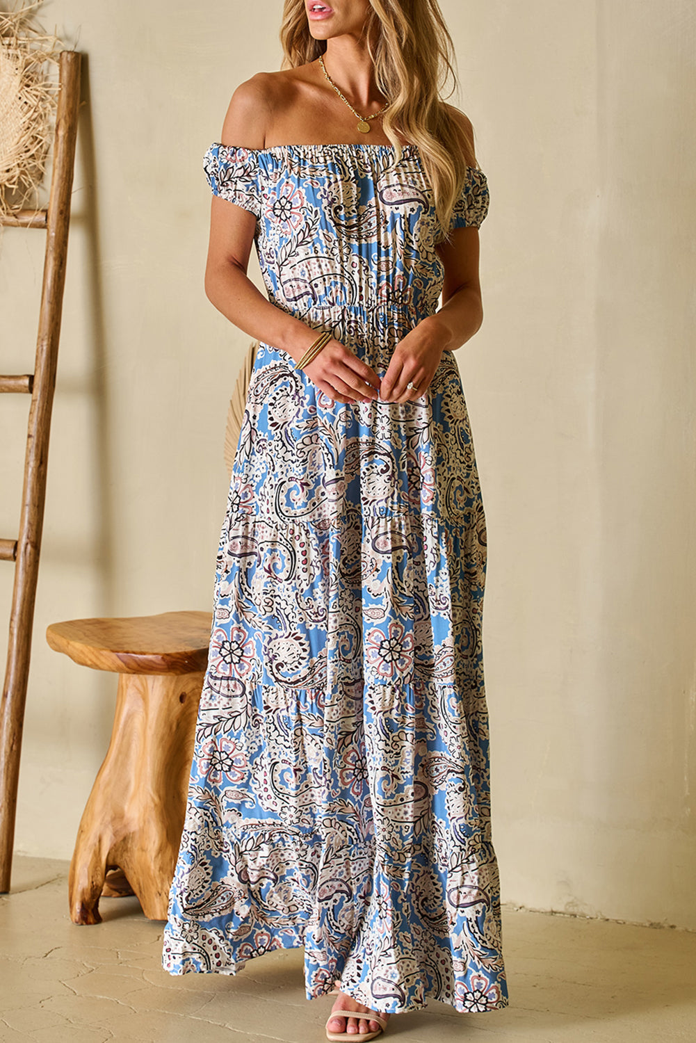 Women's Maxi Dress with Bohemian Paisley Print Off Shoulder