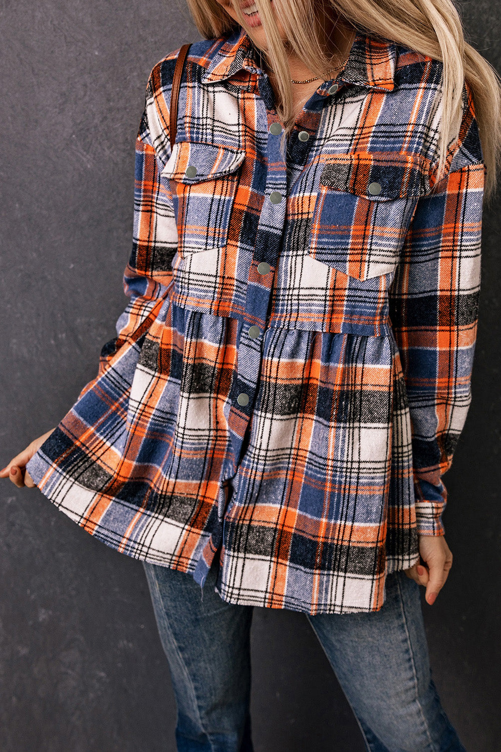 Women's Shirt Jacket Featuring Plaid Ruffle-Trimmed